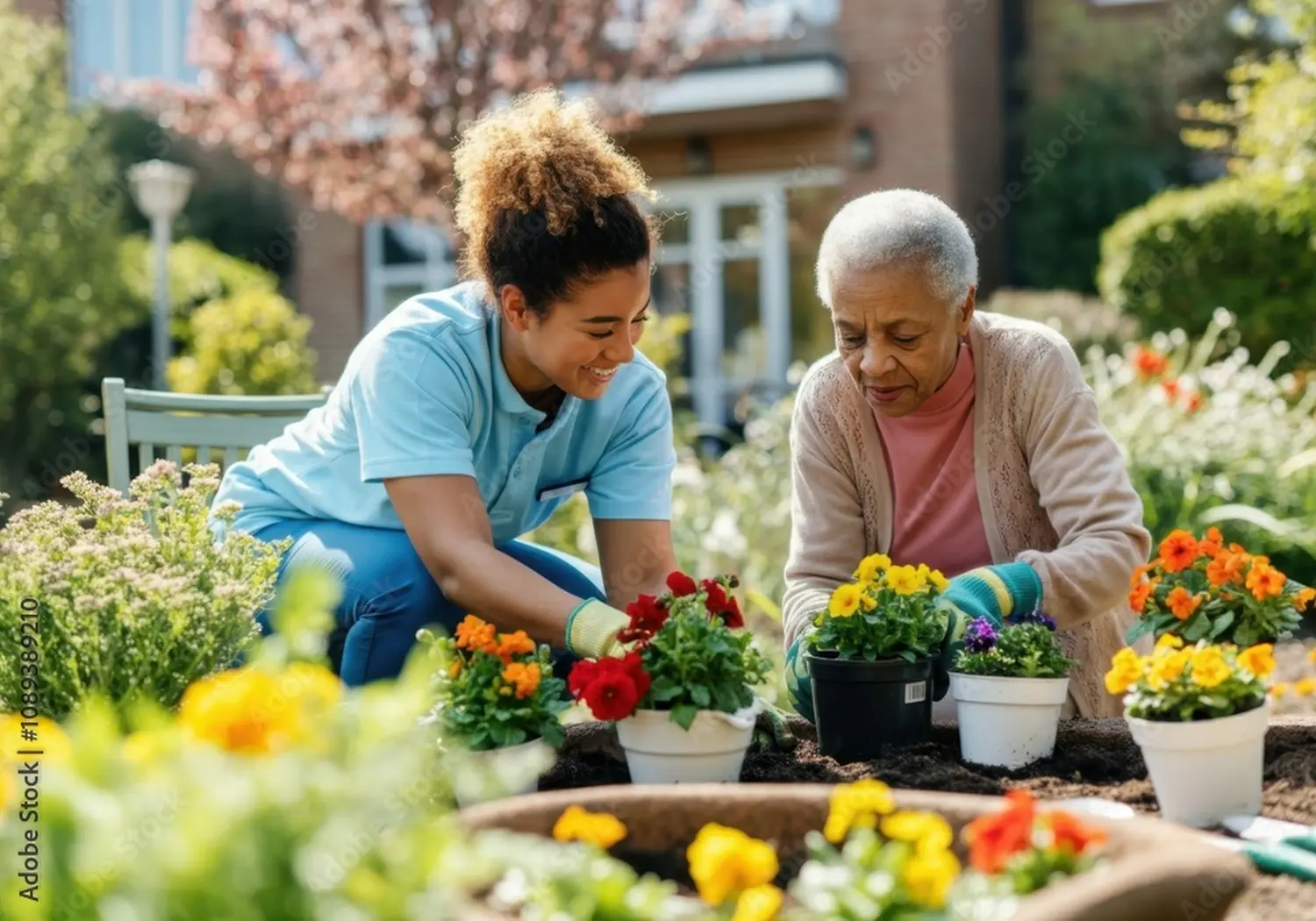 Eine Krankenschwester hilft einer älteren Frau, bunte Blumen in einem Garten zu pflanzen, und genießt die therapeutische Wirkung der Gartenarbeit